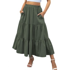 Zeagoo Skirt Women's Elegant Maxi Skirt Casual High Waist Long Skirt A-Line Skirts Summer Elastic Skirt with Pockets S-XXL, Army Green