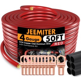 Jeemiter 4 Gauge Red CCA Wire (50ft Single Spool) - Long Primary Power/Ground Cable for Custom Car Audio & Battery Install | Includes Terminals