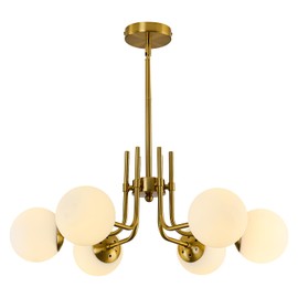 hesoge 6 Light Modern Sputnik Chandelier with Milk White Glass Globe Mid Century Gold Pendant Light Semi Flush Mount Ceiling Light Fixture for Dining Room Living Room Kitchen Entryway.