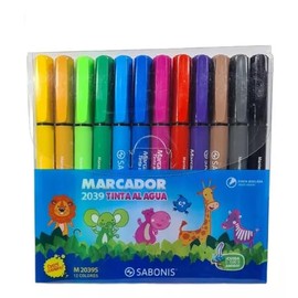 Marcadores Plumines Escolar Tinta Al Agua Sabonis Colores Surtidos Blister con 12 Piezas