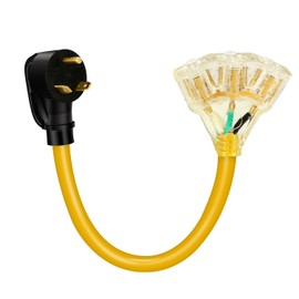 PLIS 30 Amp to 120V RV Distribution Adapter, Nema TT-30P Male to 3 X 5-15R/5-20R Female 1.5 FT, 3-Prong Household Outlet with Lighted End