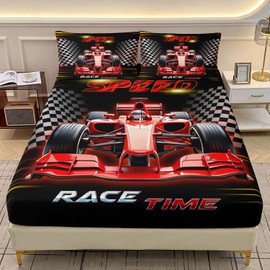 AILONEN Cool Cartoon Red Race Car Model Fitted Sheet Set Twin XL Size,Classic Checkered Flag Bedding Set,3-Piece Extreme Sports Kids Toy Collection,High-Realistic Design Bedsheets Set