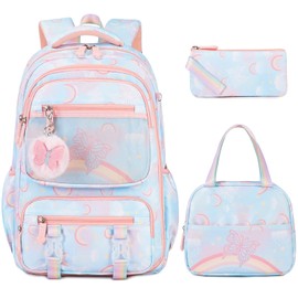 Scothen Backpack for Girls, Rainbow Butterfly Girls Backpacks with Lunch Bag Pencil Case Set, Kids Backpack Kindergarten Elementary Middle School Book Bag for Teen Girl Children Students