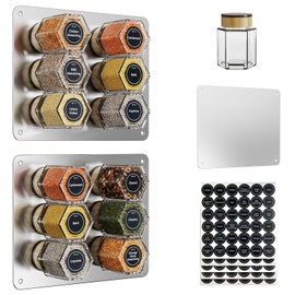 Vetacsion Set of 12 Magnetic Spice Tins with 2 Metal Wall-Plates,100 Preprinted Seasoning Label Stickers,2 Styles for 3 oz Herb Jars (12 PCS)