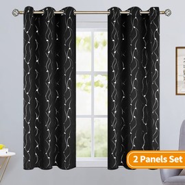 BGment Black Blackout Curtains 45 Inch Length 2 Panels Set Grommet Thermal Insulated Room Darkening Window Curtains with Wave Line and Dots Printed for Bedroom, 42 x 45 Inch, Black