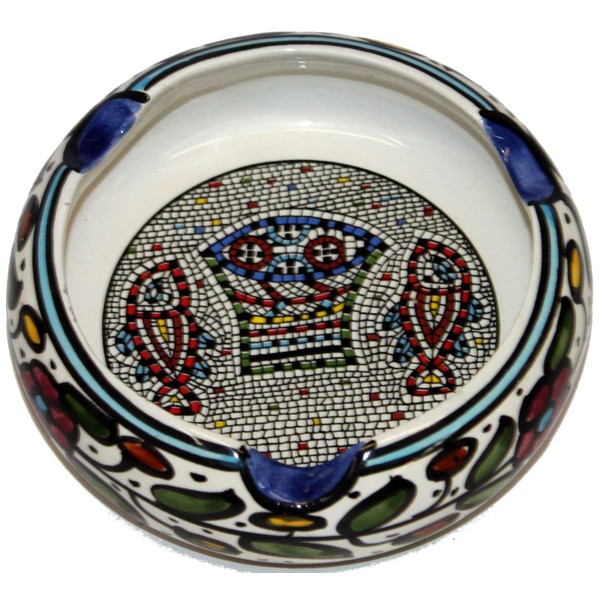 Ceramic Round Ashtray with Fish and Loaves - Tabgha or Miracle of Multiplication (Fish and Bread) Design (6 Inches in Diameter) - Large - Asfour Outlet Trademark