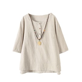 FTCayanz Women's Linen Tops Shirts Summer Casual Jacquard Tunic Blouse Medium Apricot