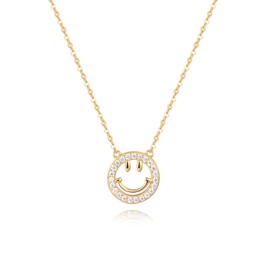 Good Luck Smiley-Face Necklaces Stud-Earrings - 18K Gold and Silver Plated Dainty Happy face Jewelry with CZ Simulated Diamond, Cute Preppy Aesthetic Jewelry Gifts for Girls Women. (18K Gold Smiley Face Necklaces)