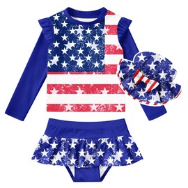 Cutemile Toddler Girls 4Th of July Swimsuit 2T USA Flag Bathing Suit Long Sleeve Rash Guard Swimwear Independence Day Clothes Set with Hat for Party 1-2 Years