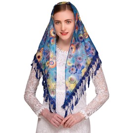 PAMOR Mass Veil Triangle Mantilla Cathedral Head Covering Chapel Veil Lace Shawl Latin Scarf (Blue 2)