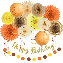 Decoraciones de cumpleaños de otoño para niña, naturaleza, decoración de fiesta de cumpleaños, abanicos de papel, café, naranja, crema, pompones, linternas con bandera de feliz cumpleaños, guirnalda de papel dorado para mujeres