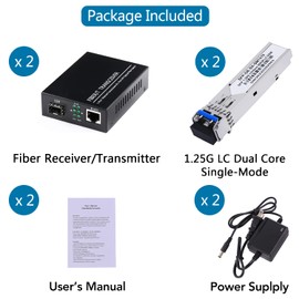 2 Pack 1.25G/s Bidi Gigabit Single-Mode Fiber to Ethernet Media Converter with 2PCS Bidi SFP LC Dual Transceiver Module Included, 10/100/1000Base-Tx to 1000Base-LX SMF RJ45 to SFP Slot up to 550M