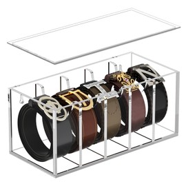 FEMELI Belt Organizer, Acrylic Belt Storage for Closet with Dust Cover, Clear Belt Container Display Holder for Drawer, Clear Belt Tie Case Hanger with 5 Compartments for Women Men Home