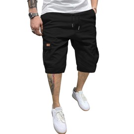 PLEPAN Men's Cargo Shorts Classic Casual Stretch Waist Drawstring 7 Inch Hiking Outdoor Work Shorts for Men with 6 Pockets,US (36) Large, Black