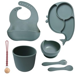 Silicone Baby Feeding Set 7 Pcs,Baby Led Weaning Supplies, Baby Spoons Suction Bowl Divided Plate Bib