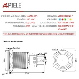 APIELE 16 mm locking pressure switch 12 V DC 5 A, stainless steel with LED ring lighting, waterproof latch push button switch with pre-wired plug, car RV truck boat on/off button switch (red)