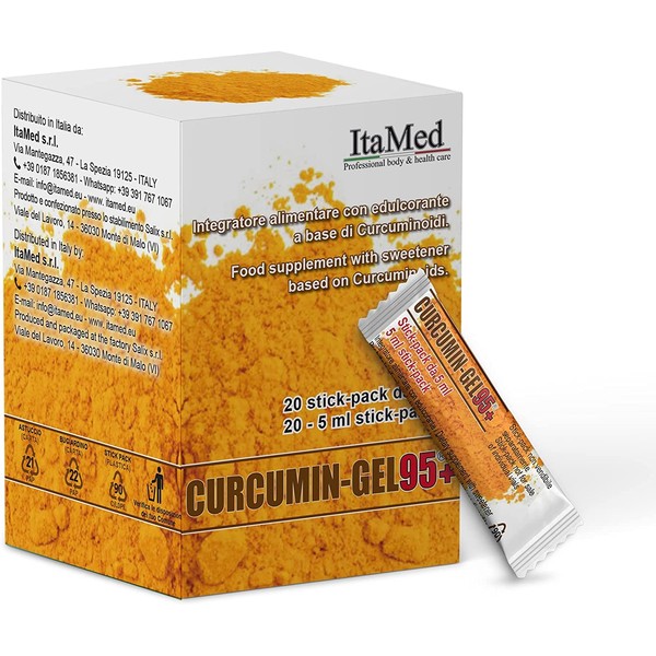 ITAMED - Enhanced Turmeric High Dosage, Curcumin Gel 20 Sticks of 5 ml, Pure Curcumin with High Absorption and Bioavailability Superior to Black Pepper and Piperine, Made in Italy