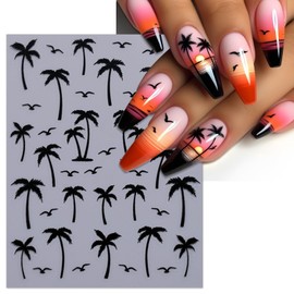 IDDFEVE Summer Palm Tree Nail Art Stickers - Colorful Coconut Tree Seagull Self-Adhesive Nail Decals for DIY Glitter Gradient Manicure (4 Sheets)