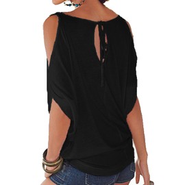Miselon Women Ruched Cutout Shoulder Loose Fit Shirt Tops (Black, M)