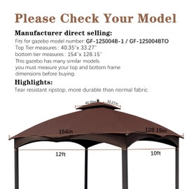 SCOCANOPY Brown Ripstop Replacement Top Compatible with Lowe's Allen Roth 10X12 Gazebo Model #GF-12S004B-1/ GF-12S004BTO