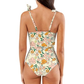 Jollkichay - Traje de baño de una pieza para mujer, con control de abdomen, modesto, lindo, traje de baño retro con cuello cuadrado, Amarillo floral, Large