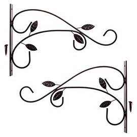 White Hinge 2x Black Flower Wall Bracket Hangers - Large Decorative Hanging Basket Holders - Holds Up To 12" Baskets