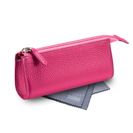 FEFI - Beautiful zip glasses case made of genuine leather, with glasses cleaning cloth, pink