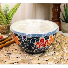 Ebros Pack of 2 Ceramic Lunch or Dinner 2 Cups Size Bowls with Airtight Seal Storage Lid 5" Dia Take Out to Go Meal Planning Refrigerator Microwave Dishwasher Safe (Blue Cherry Blossoms)