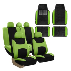 FH Group Light & Breezy Cloth Seat Full Car Seat Covers (Airbag & Split Ready) with Carpet Floor Mats- Universal Car, Truck, SUV, or Van (Green/Black) FB030115