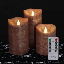 7LinRay Brown Flameless Candles with Remote, Real Wax Battery Operated LED Candles, Flickering Flameless Pillar Candles for Wedding, Festival, Set of 3