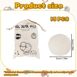 15 PCS Wool Dryer Balls, Wool Dryer Balls for Laundry, Tumble Dryer Balls, with Storage Bag, Reduce Drying Time and Static Cling, Save Energy, Reduce Wrinkles, Ideal for Home Use, 3 Cm