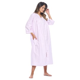 Casual Nights Women's Zip Front Seersucker House Dress 3/4 Sleeves Housecoat Long Duster Lounger - Gingham Purple - 2X Plus