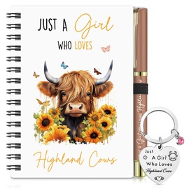 Sinmoe 3 Pcs Highland Cow Gift Set for Women Cow Lover Includes Highland Keyring & Just a Girl Who Loves Notebook Cattle Ballpoint Gift for Cute Animal Birthday Party Graduation(Orange,Sunflower)