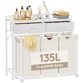 Lifewit Laundry hamper 3 Section, Large Rolling Laundry Sorter with Shelf & 2 Drawers, Pull-Out Laundry Basket Organizer with Wheels and Removable Bag for Laundry Room Bathroom, White and Beige