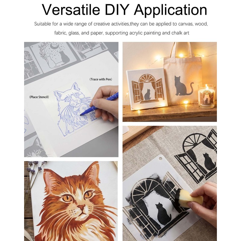 16 Pcs Window Cat Stencils,Animal Theme PET Vintage Drawing Templates