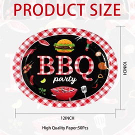 Grencian 50 Pcs BBQ Birthday Party Supplies 10" × 12" Large Red Gingham and Black BBQ Oval Paper Plates Disposable Heavy Duty BBQ Party Plates for Picnic Barbecue Baby Shower Birthday Decorations