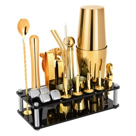 Cocktail Shaker Set, 23-Piece Boston Stainless Steel Bartender Kit with Acrylic Stand & Cocktail Recipes Booklet, Professional Bar Tools for Drink Mixing, Home, Bar, Party - Gold