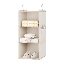 YOUDENOVA Hanging Storage 3 Shelves Closet Organizers and Storage Foldable Hanging Shelves with Side Pockets Wardrobe Organizer for Clothes Beige