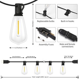 100FT Outdoor String Lights,Waterproof Outside Patio String Lights with 52 Shatterproof Dimmable ST38 LED Vintage Bulbs,Connectable Hanging Lights for Porch Backyard Garden House Party Wedding Bistro