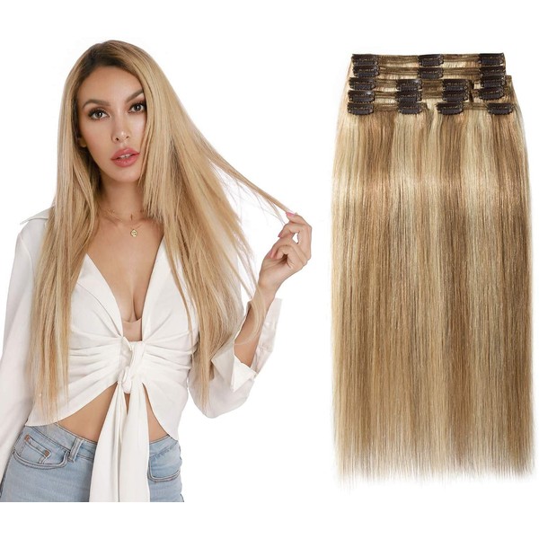 Elailite Clip-In Real Hair Extensions, 50 cm, Straight, Natural Hair, 150 g Remy Real Hair Extensions, #12P613 Golden Brown Mix Bleach Blonde, 8-Piece Set