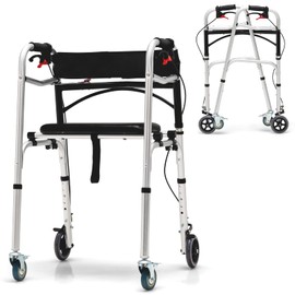 GYMAX Walkers for Seniors, 2-Button Folding Walker with 5 Inches Lockable Wheels, Padded Seat & Trigger Release, 350lbs Height Adjustable Standard Walker, Foldable Rolling Adult Walker