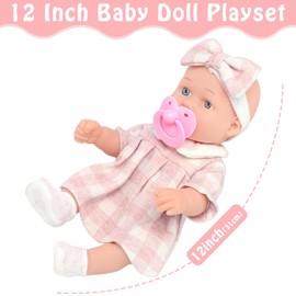 12-Inch Classic Checkered Dress Baby Doll & 6-Piece Accessories Gift Box – Soft Realistic Baby Dolls for Toddlers & Little Girls