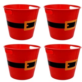 LLE Plastic Buckets with Handles, Red Santa Belt Round Basket, Multi-Purpose Container Decorative Home Kitchen Candy Bars Vase Toy Baskets for Christmas Winter Holiday Party Supplies Set of 4