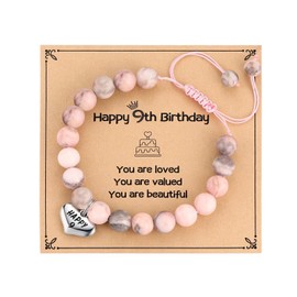 MIXJOY Happy Birthday Bracelet Gifts for Age 9 Year old, Happy 9 Heart Charm Birthday Stone Bracelet for Daughter Granddaughter Niece Cousin, 9th Bday Jewelry Gifts, 6.3"-8.6" Adjustable