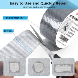 Secopad Grey Window Screen Repair Tape, 2IN X 15FT (180IN) Screen Repair Kit for Windows or Doors, Strong Adhesive Patch Kit Fiberglass Mesh Tape