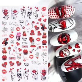 Valentine's Day Nail Stickers Red Heart Series Various Stickers Girls Nail Decals 3D Cartoon Love Letter Lips Rose Flower Press On Nails Glue Manicure Accessories for Women Valentine's DIY Decor 6Pcs