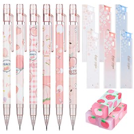 Xccj Kawaii Mechanical Pencil Set Include Peach Mechanical Pencils with Tubes 0.5 mm Pencil Refills and Cute Juice Peach Erasers for Writing, Drawing, Sketching, Architecture (15 Pieces)