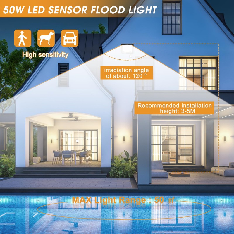 50 W LED Spotlight with Motion Sensor Outdoor, 5000 lm,