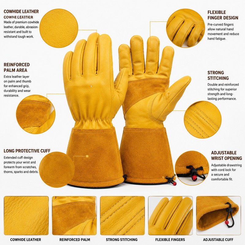 Long Cuff Cowhide Leather Work Gloves for Men & Women