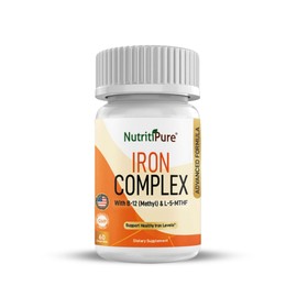 NutritiPure Iron Complex, Complete Blood Building Iron Vegetarian Capsules with Non-constipating Carbonyl Iron, Quatrefolic, B12, B6 & Vitamin C, for Women & Men (60 caps)